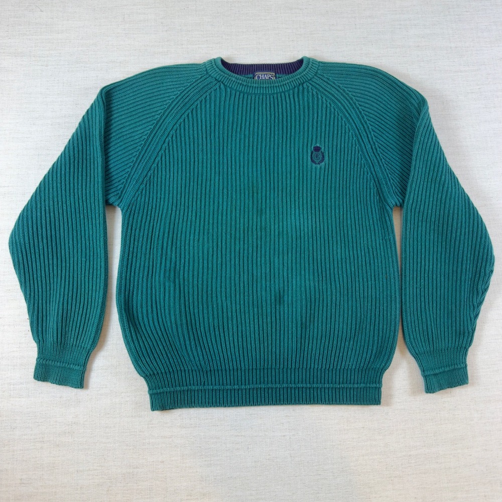 Vintage Chaps Ralph Lauren Teal Green Ribbed Cotton Sweater Mens Large AS IS